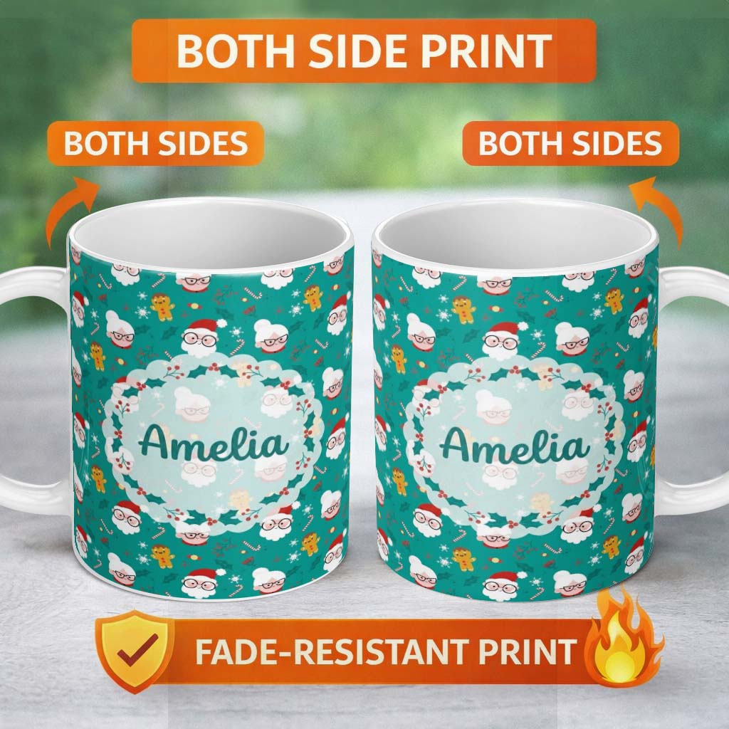 Personalized Custom Name Cute Santa Mrs Claus Gingerbread Seamless Pattern Christmas Family 11oz Ceramic Coffee Tea Mug White Large Handle