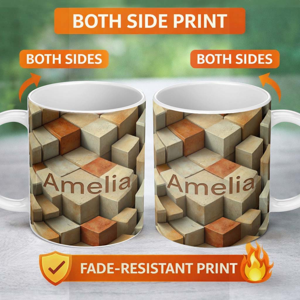 Personalized Custom Name 3D Stone Cube Texture Neutral Earth Tone Blocks Seamless Pattern 11oz Ceramic Coffee Tea Mug White Large Handle