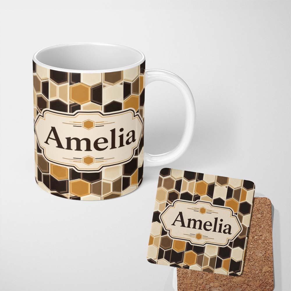 Personalized Custom Name Geometric Hexagon Honeycomb Pattern Neutral Brown Tones Seamless 11oz Ceramic Coffee Tea Mug White Large Handle