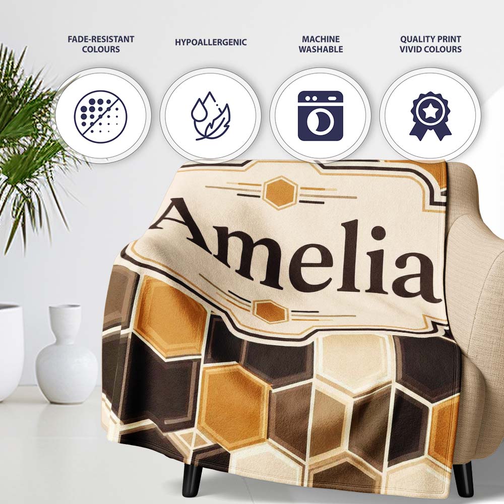 Geometric Hexagon Honeycomb Pattern Neutral Brown Tones Seamless Personalised Custom Name Super Soft Fleece Blanket Bed Sofa Throw