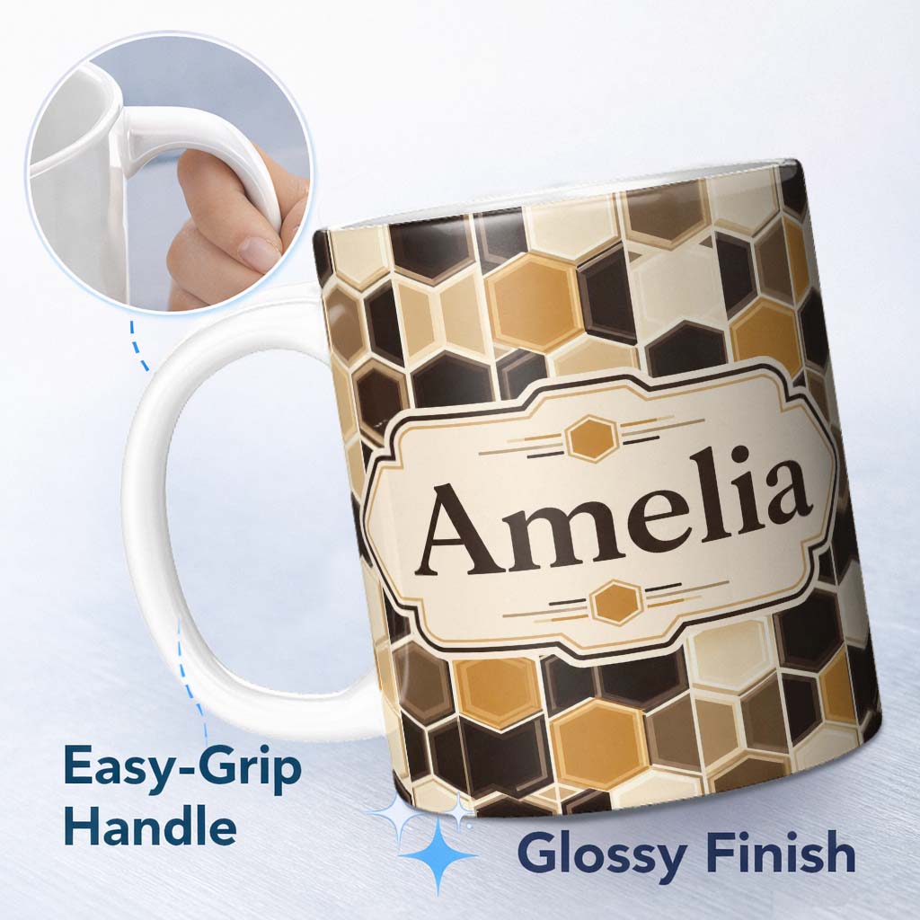 Personalized Custom Name Geometric Hexagon Honeycomb Pattern Neutral Brown Tones Seamless 11oz Ceramic Coffee Tea Mug White Large Handle