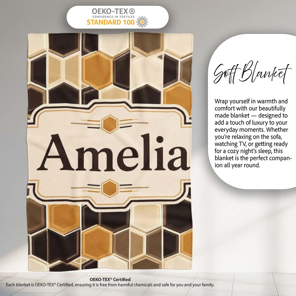 Geometric Hexagon Honeycomb Pattern Neutral Brown Tones Seamless Personalised Custom Name Super Soft Fleece Blanket Bed Sofa Throw