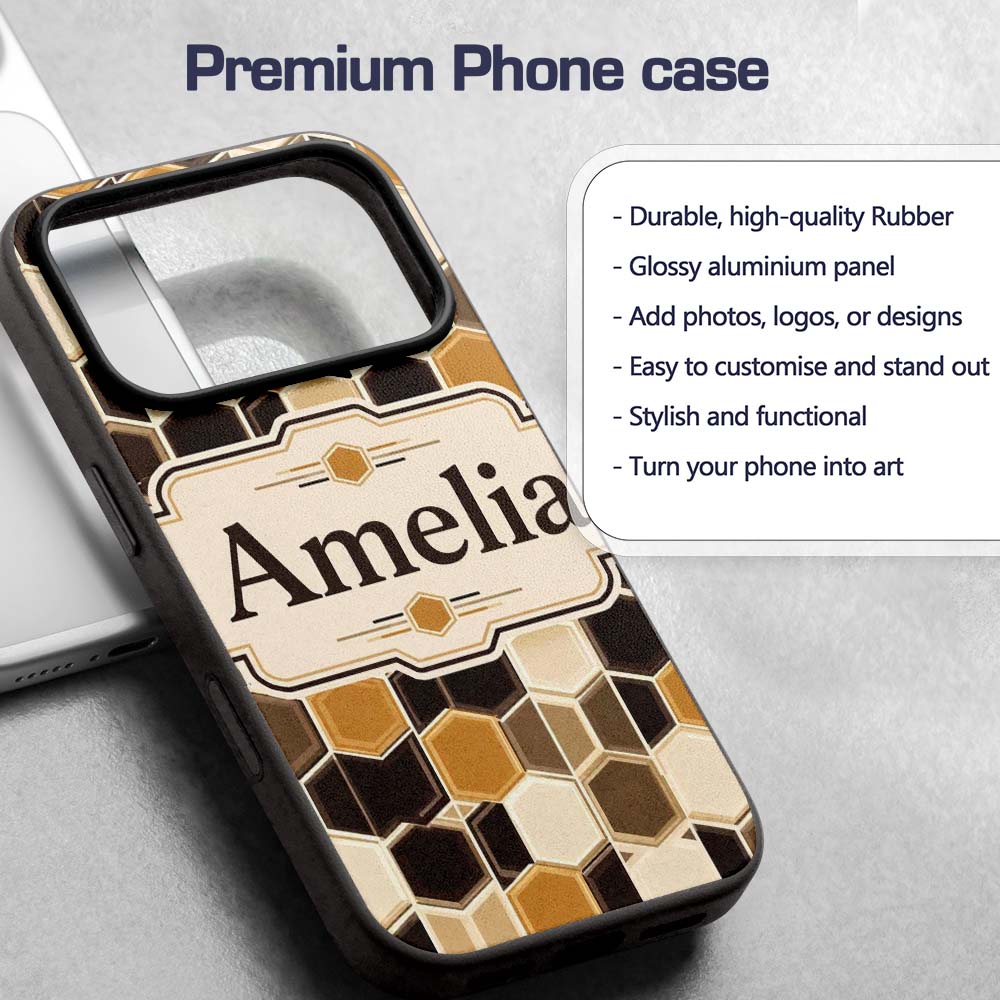 Geometric Hexagon Honeycomb Pattern Neutral Brown Custom Name Protective Phone Case Mobile Cover Durable Everyday Smartphone Shock Resistant