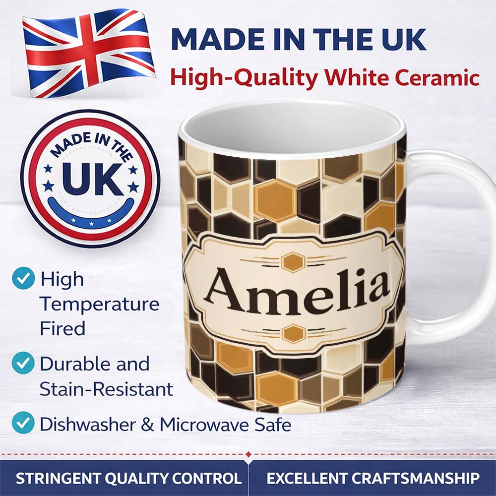 Personalized Custom Name Geometric Hexagon Honeycomb Pattern Neutral Brown Tones Seamless 11oz Ceramic Coffee Tea Mug White Large Handle