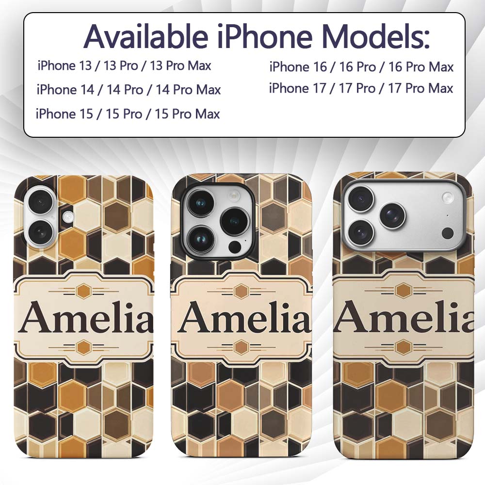 Geometric Hexagon Honeycomb Pattern Neutral Brown Custom Name Protective Phone Case Mobile Cover Durable Everyday Smartphone Shock Resistant