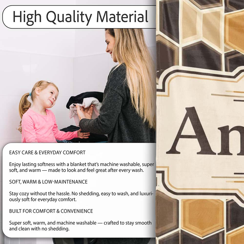 Geometric Hexagon Honeycomb Pattern Neutral Brown Tones Seamless Personalised Custom Name Super Soft Fleece Blanket Bed Sofa Throw