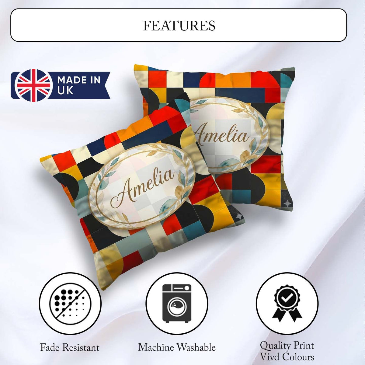 Custom Name Abstract Patchwork Blocks Warm Bold Seamless Pattern Square Filled Cushion Throw Pillow Sofa Bed Home Decor Zip Washable UK Made