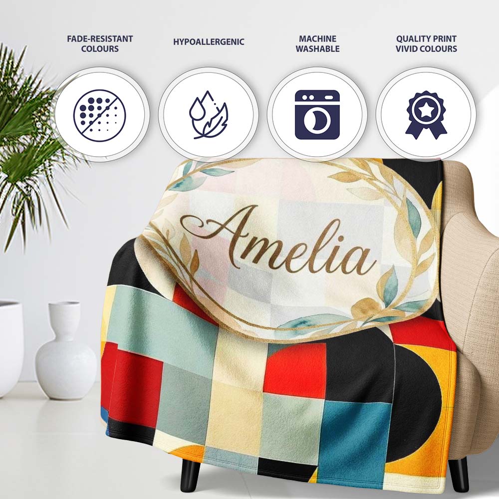 Abstract Patchwork Blocks Warm Bold Colors Seamless Pattern Name Personalised Custom Name Super Soft Fleece Blanket Bed Sofa Throw