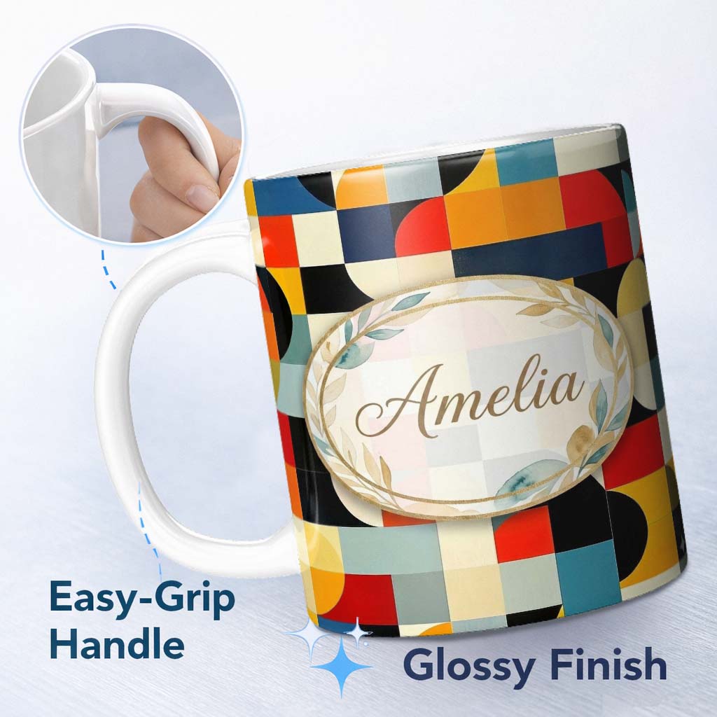 Personalized Custom Name Abstract Patchwork Blocks Warm Bold Colors Seamless Pattern Name 11oz Ceramic Coffee Tea Mug White Large Handle