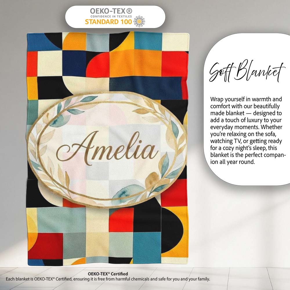 Abstract Patchwork Blocks Warm Bold Colors Seamless Pattern Name Personalised Custom Name Super Soft Fleece Blanket Bed Sofa Throw