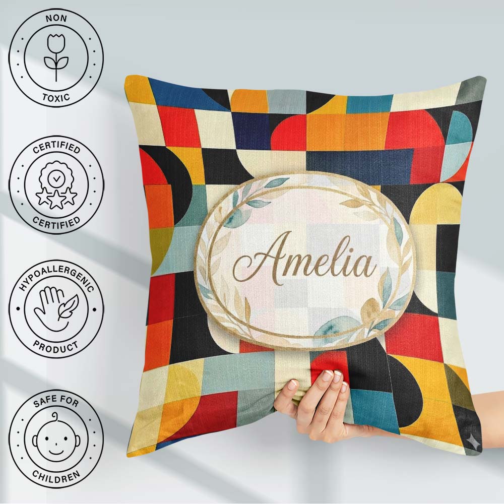 Custom Name Abstract Patchwork Blocks Warm Bold Seamless Pattern Square Filled Cushion Throw Pillow Sofa Bed Home Decor Zip Washable UK Made