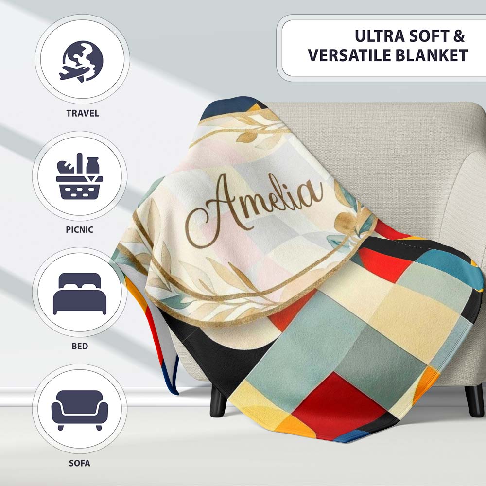 Abstract Patchwork Blocks Warm Bold Colors Seamless Pattern Name Personalised Custom Name Super Soft Fleece Blanket Bed Sofa Throw