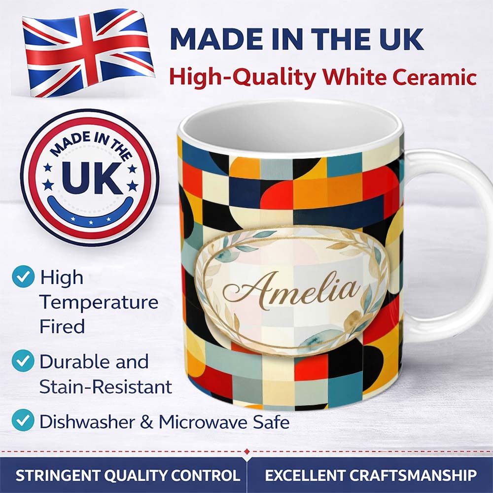 Personalized Custom Name Abstract Patchwork Blocks Warm Bold Colors Seamless Pattern Name 11oz Ceramic Coffee Tea Mug White Large Handle