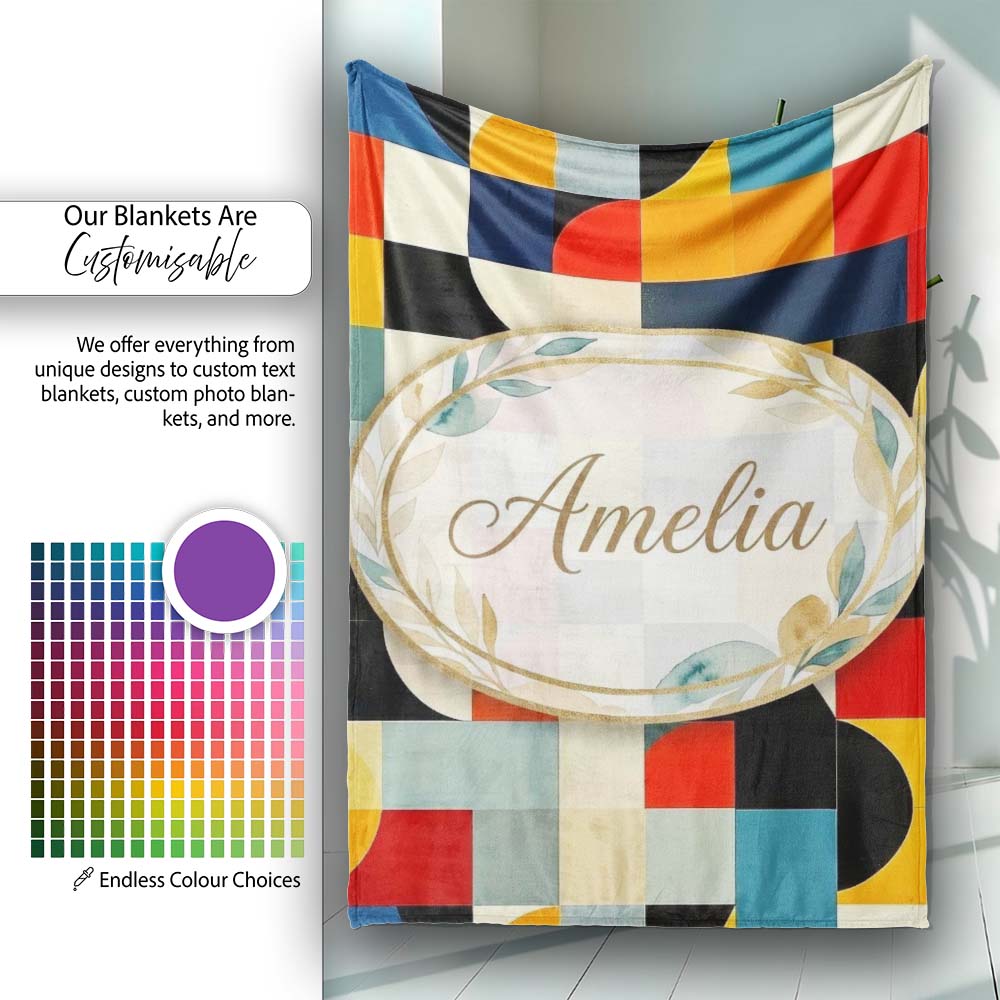Abstract Patchwork Blocks Warm Bold Colors Seamless Pattern Name Personalised Custom Name Super Soft Fleece Blanket Bed Sofa Throw