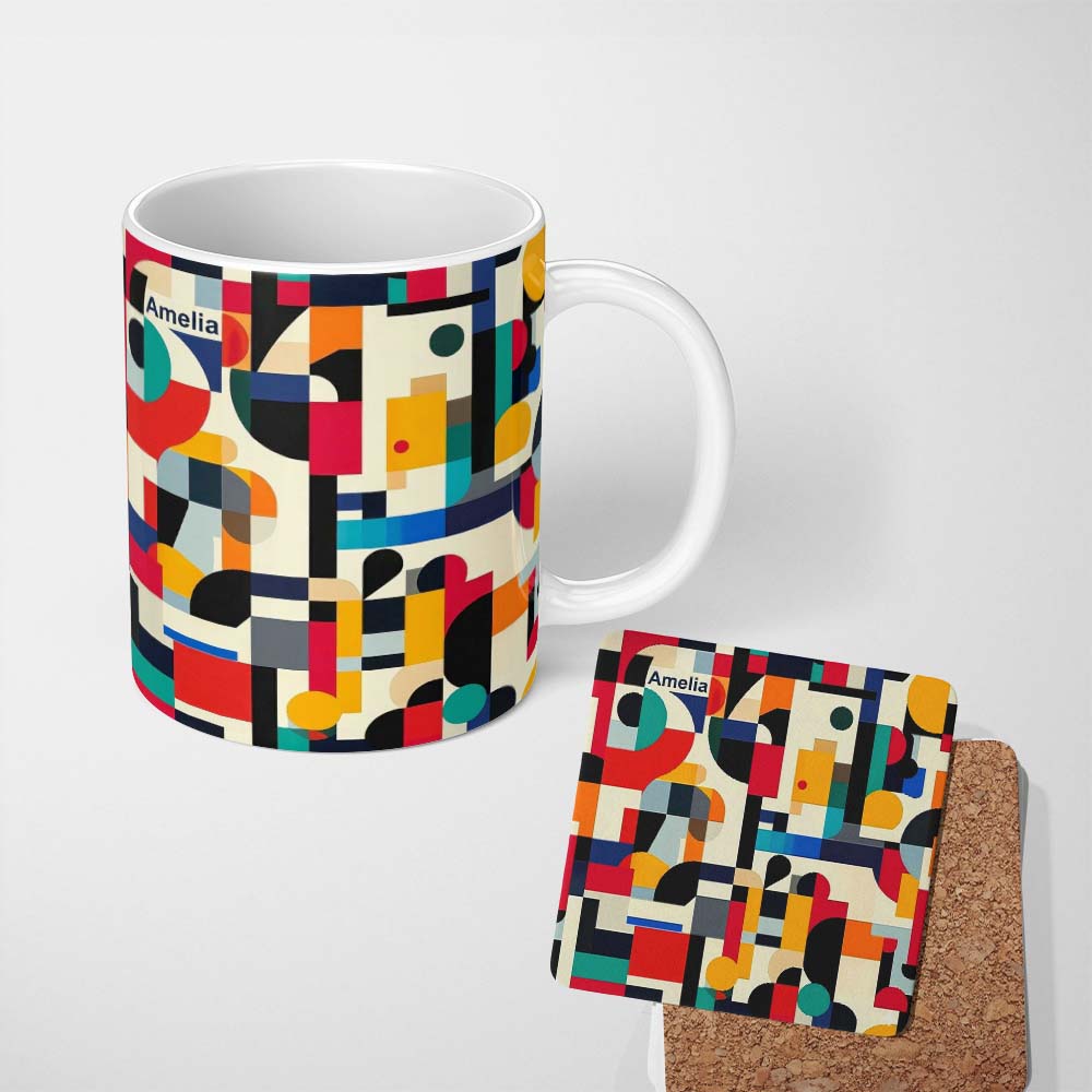 Personalized Custom Name Abstract Modern Geometric Shapes Colorful Layered Design Seamless 11oz Ceramic Coffee Tea Mug White Large Handle