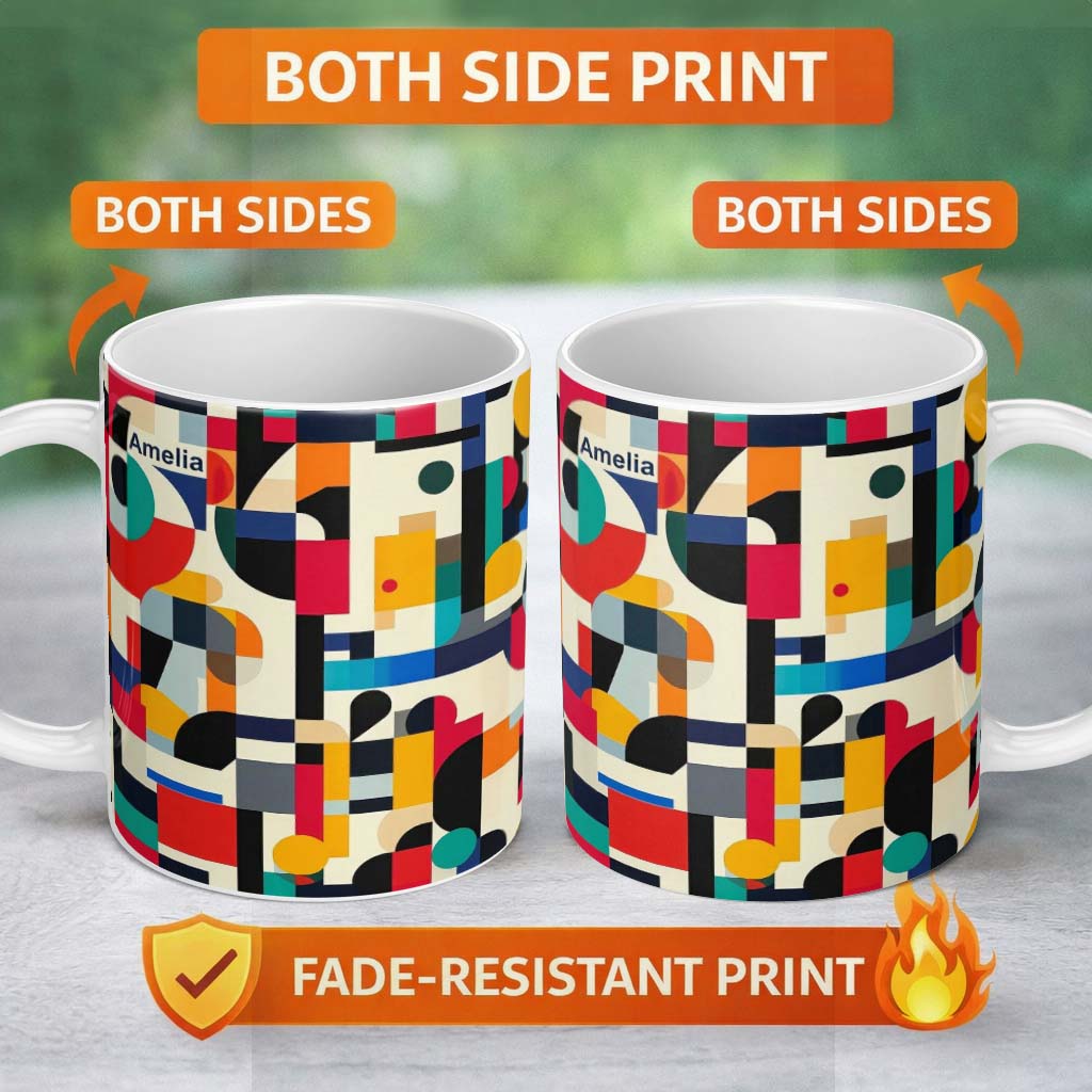 Personalized Custom Name Abstract Modern Geometric Shapes Colorful Layered Design Seamless 11oz Ceramic Coffee Tea Mug White Large Handle