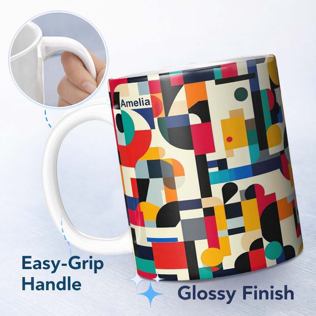 Personalized Custom Name Abstract Modern Geometric Shapes Colorful Layered Design Seamless 11oz Ceramic Coffee Tea Mug White Large Handle