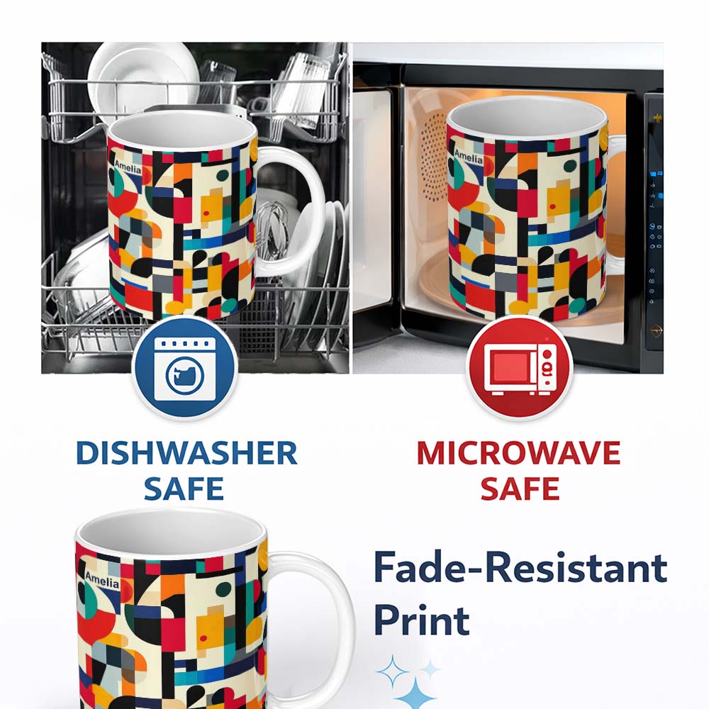 Personalized Custom Name Abstract Modern Geometric Shapes Colorful Layered Design Seamless 11oz Ceramic Coffee Tea Mug White Large Handle