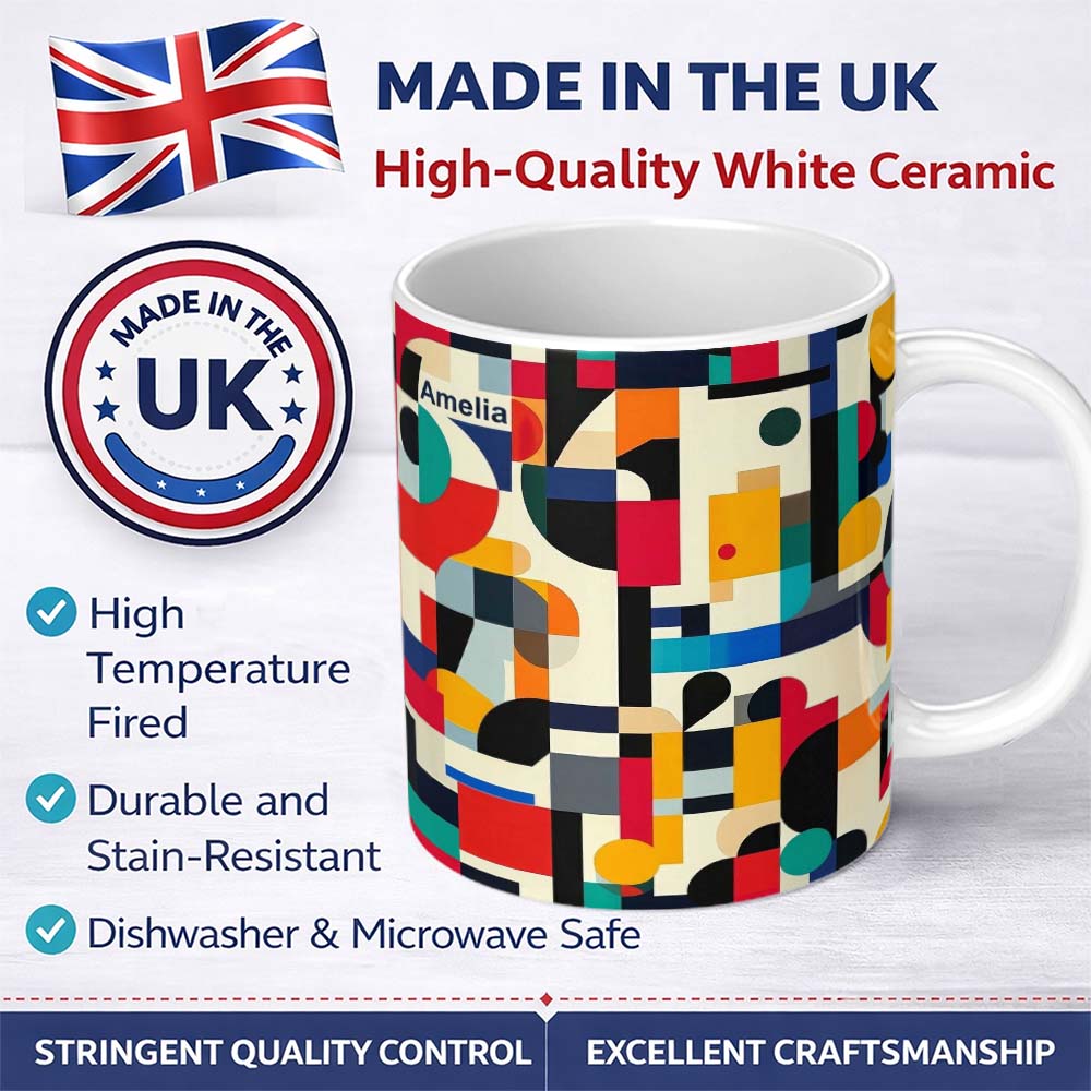 Personalized Custom Name Abstract Modern Geometric Shapes Colorful Layered Design Seamless 11oz Ceramic Coffee Tea Mug White Large Handle