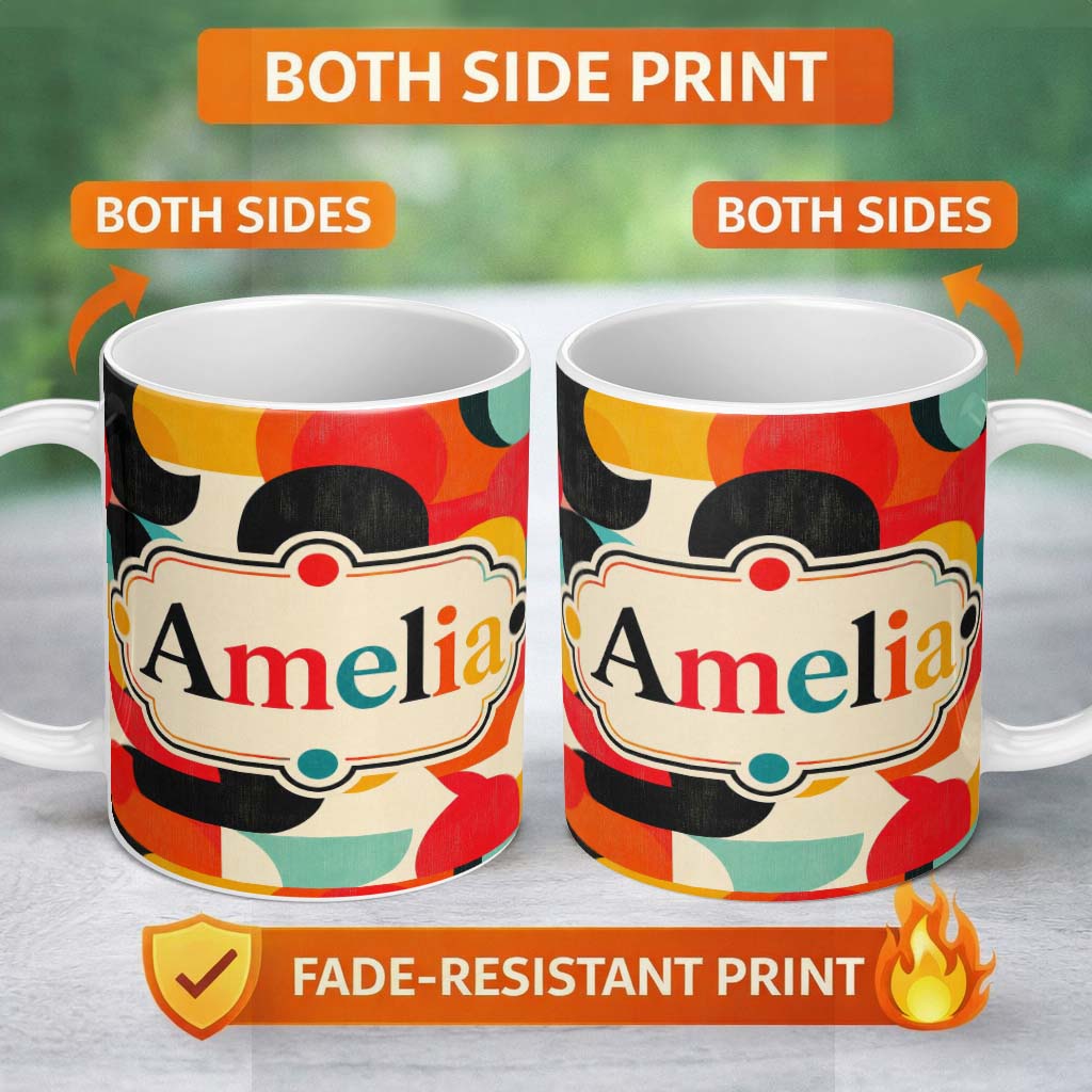 Personalized Custom Name Abstract Polygon Mosaic Bright Vibrant Color Shapes Seamless 11oz Ceramic Coffee Tea Mug White Large Handle