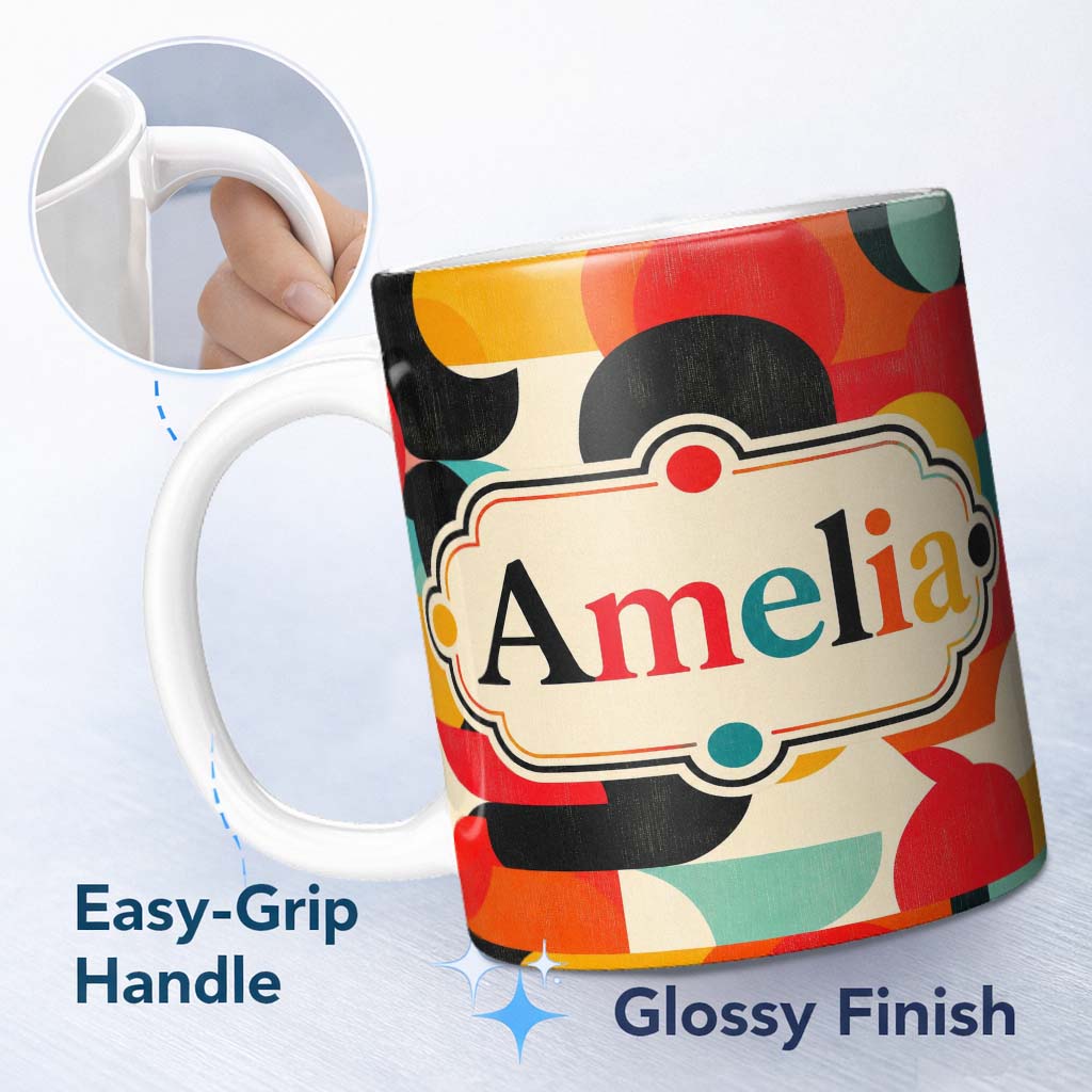 Personalized Custom Name Abstract Polygon Mosaic Bright Vibrant Color Shapes Seamless 11oz Ceramic Coffee Tea Mug White Large Handle