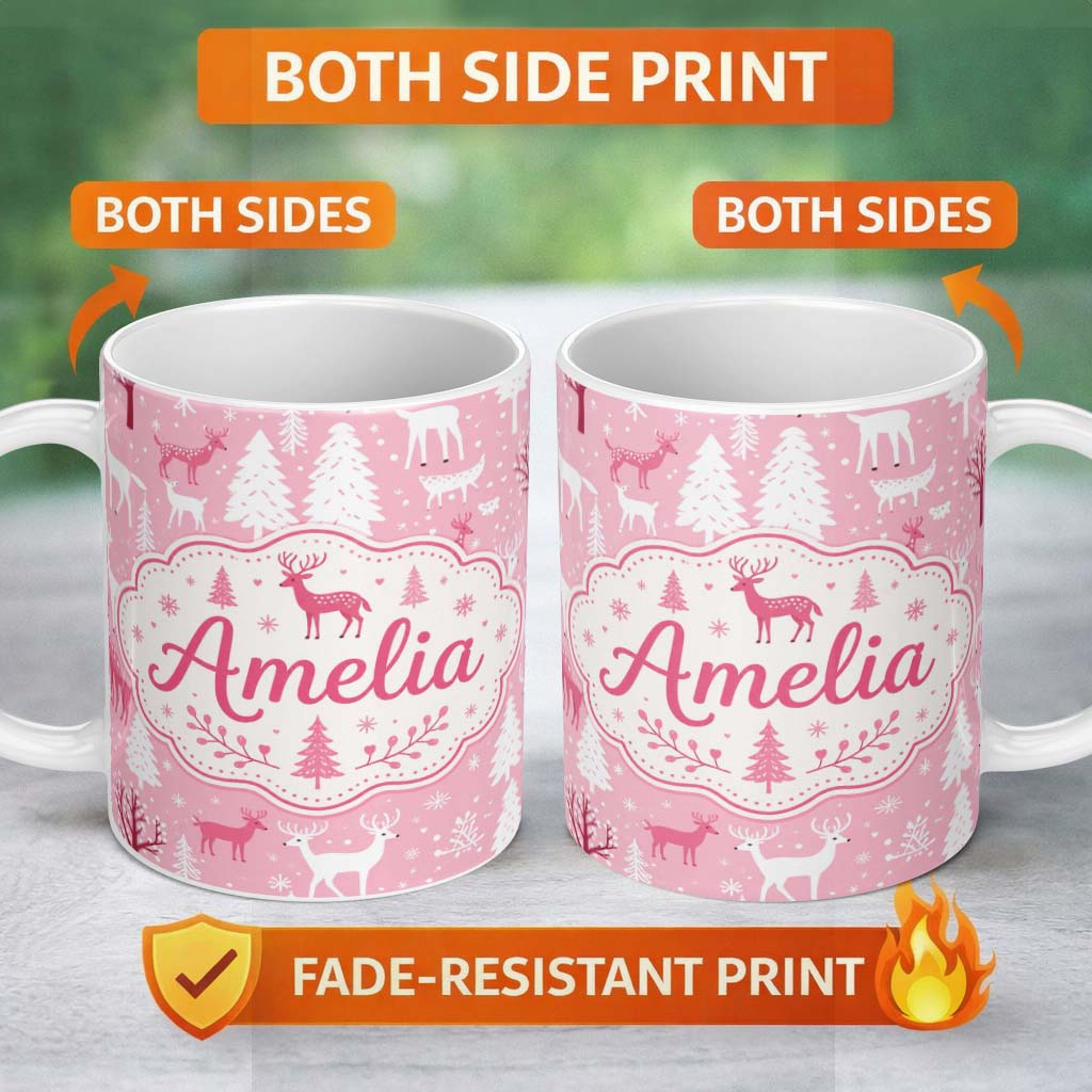 Personalized Custom Name Cute Pink Winter Forest Deer Tree Seamless Pattern Cute Unique Gift 11oz Ceramic Coffee Tea Mug White Large Handle