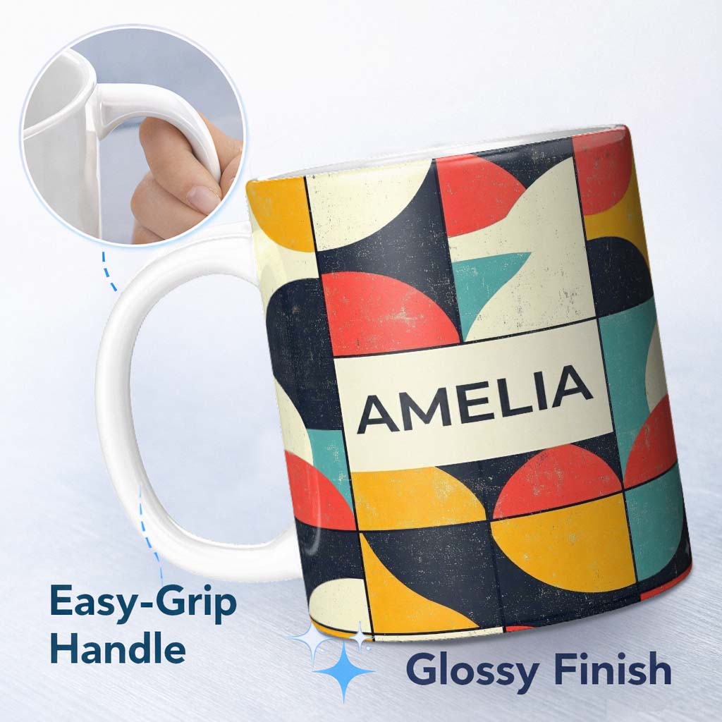 Personalized Custom Name Abstract Organic Rounded Shapes Bold Color Style Seamless Pattern 11oz Ceramic Coffee Tea Mug White Large Handle