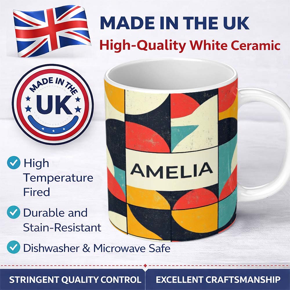 Personalized Custom Name Abstract Organic Rounded Shapes Bold Color Style Seamless Pattern 11oz Ceramic Coffee Tea Mug White Large Handle