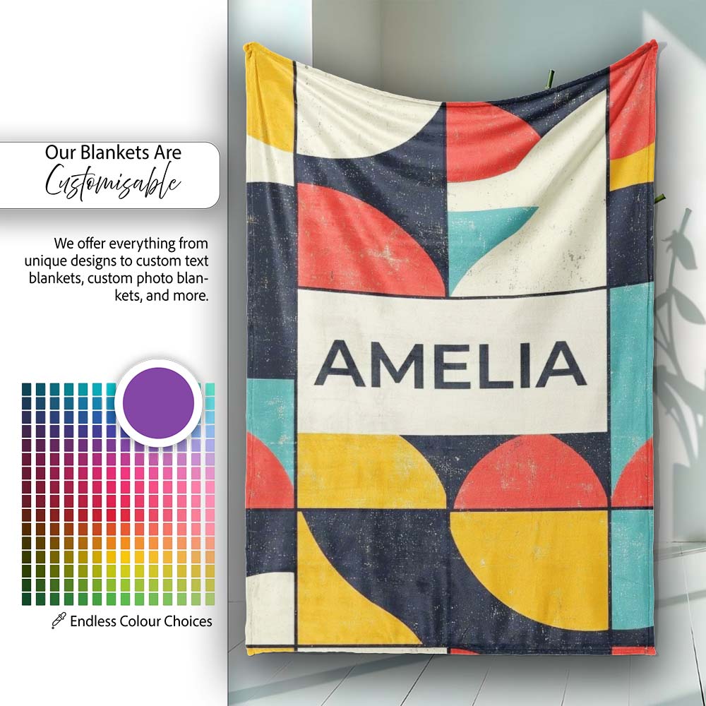 Abstract Organic Rounded Shapes Bold Color Style Seamless Pattern Personalised Custom Name Super Soft Fleece Blanket Bed Sofa Throw