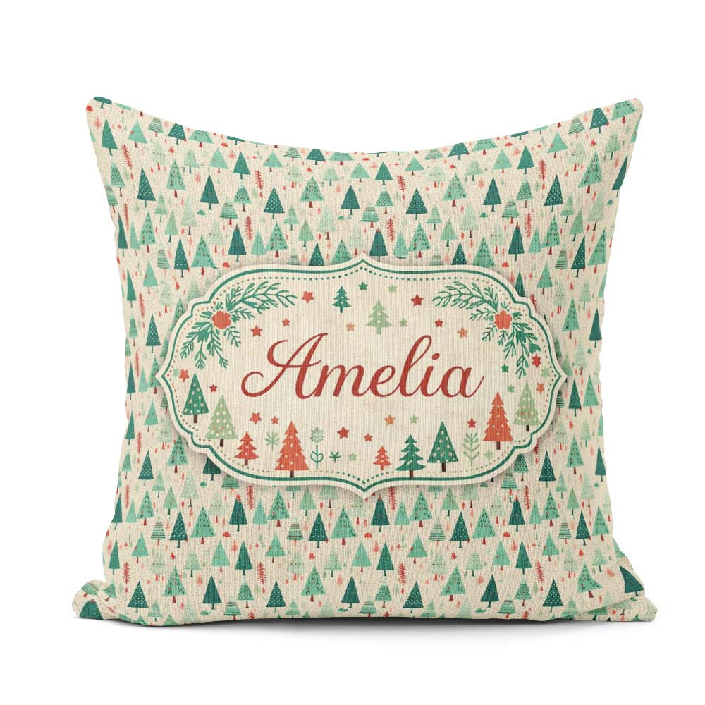 Custom Name Dense Christmas Trees Green Seamless Pattern Lovely Square Filled Cushion Throw Pillow Sofa Bed Home Decor Zip Washable UK Made