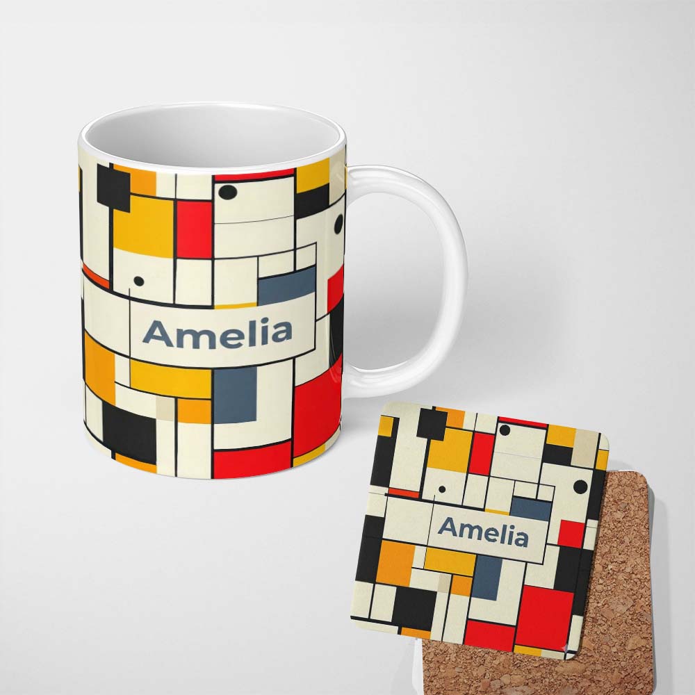 Personalized Custom Name Abstract Minimal Grid Geometric Blocks Modern Color Layout Seamless 11oz Ceramic Coffee Tea Mug White Large Handle