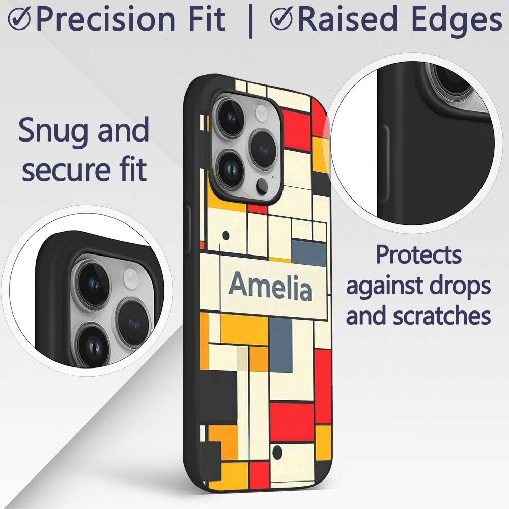 Abstract Minimal Grid Geometric Blocks Modern Custom Name Protective Phone Case Mobile Cover Durable Everyday Smartphone Shock Resistant