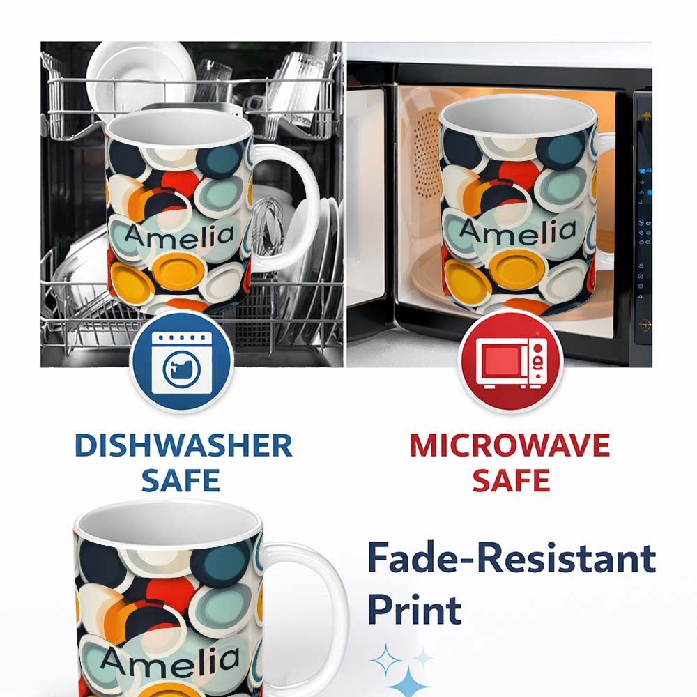 Personalized Custom Name Abstract 3D Circular Layers Soft Gradient Modern Pattern Seamless 11oz Ceramic Coffee Tea Mug White Large Handle
