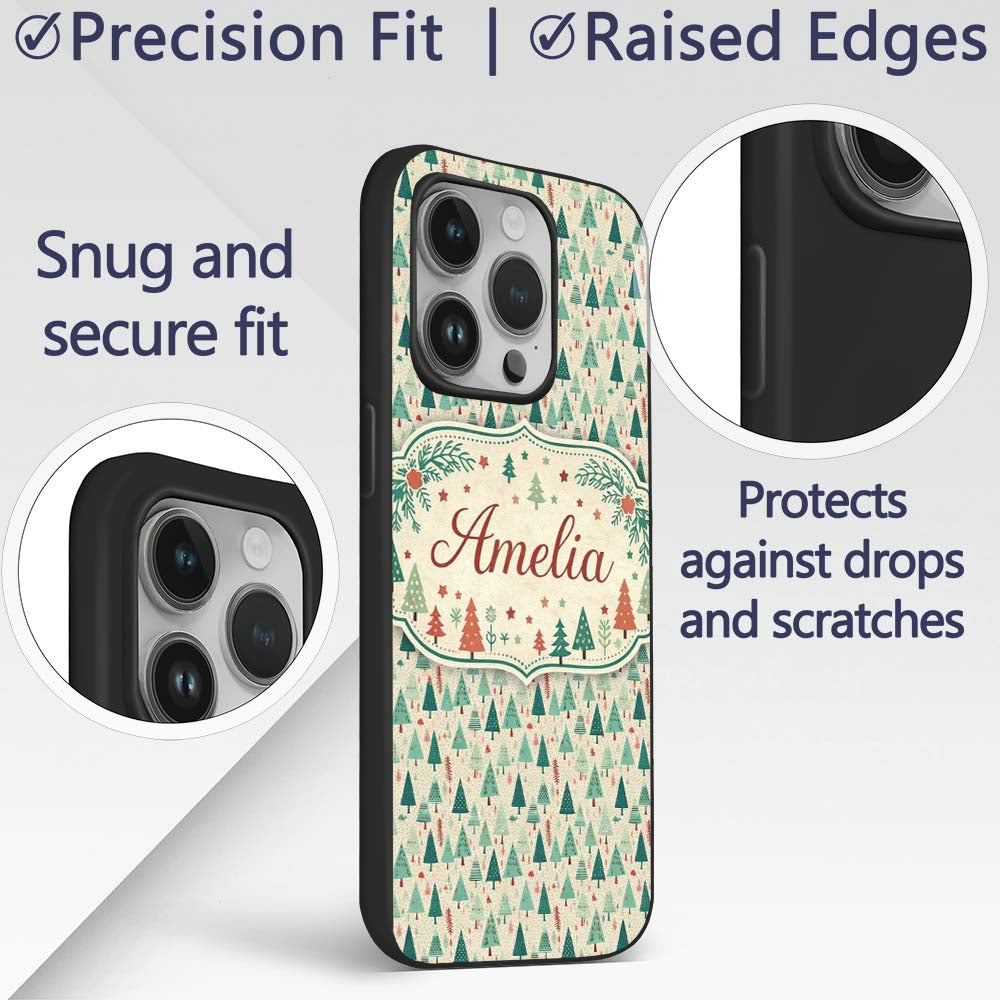Dense Scandinavian Christmas Trees Green Seamless Custom Name Protective Phone Case Mobile Cover Durable Everyday Smartphone Shock Resistant