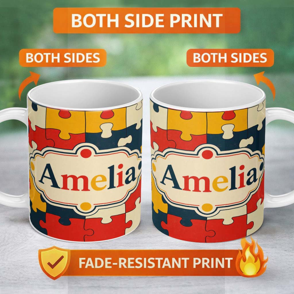 Personalized Custom Name Colorful Puzzle Pieces Interlocking Shapes Fun Style Seamless 11oz Ceramic Coffee Tea Mug White Large Handle