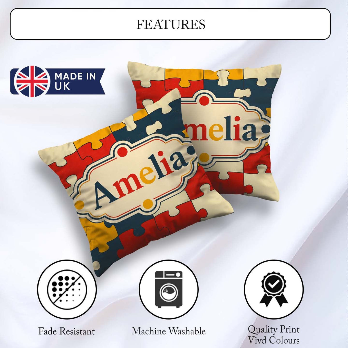 Custom Name Colorful Puzzle Pieces Interlocking Shapes Fun Style Square Filled Cushion Throw Pillow Sofa Bed Home Decor Zip Washable UK Made