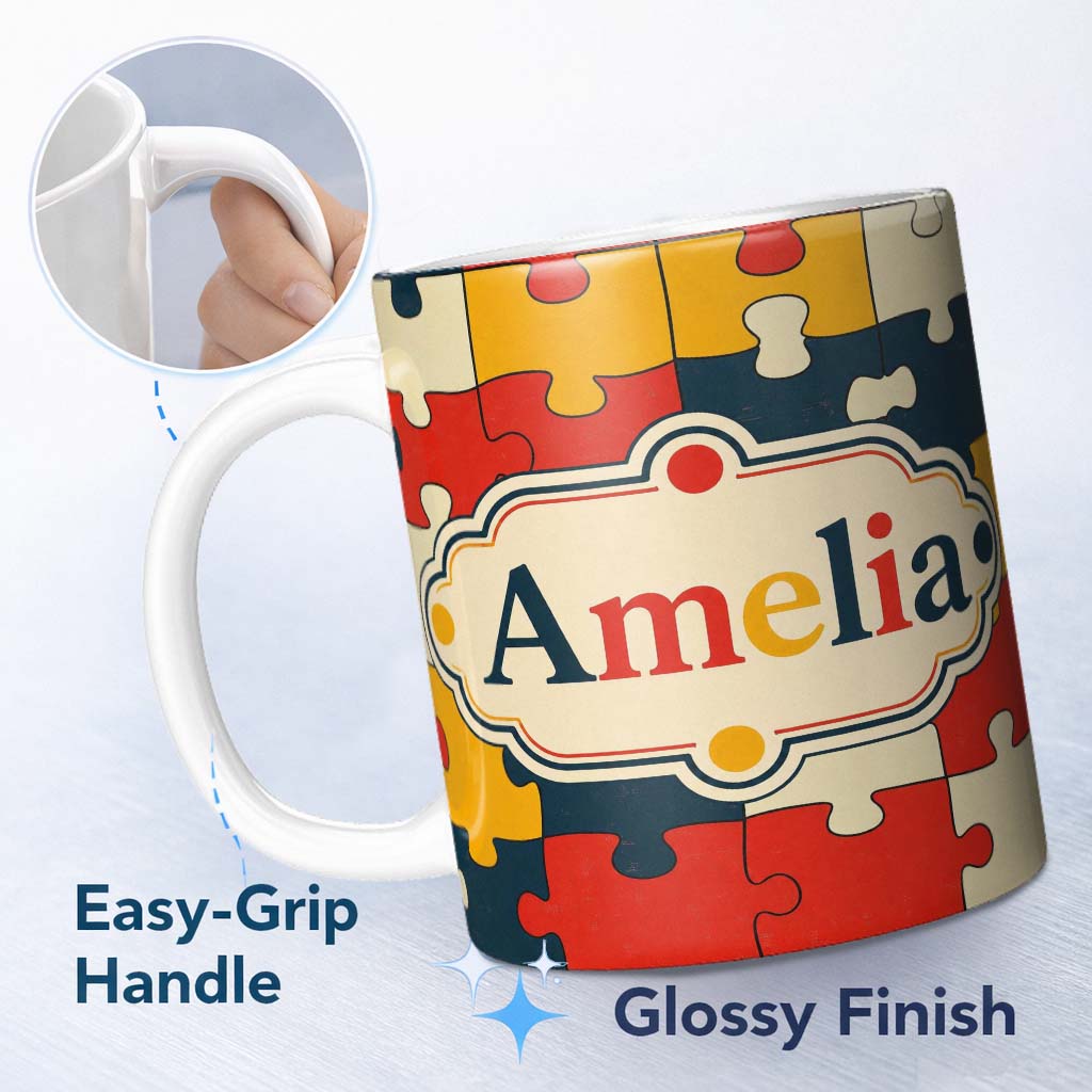 Personalized Custom Name Colorful Puzzle Pieces Interlocking Shapes Fun Style Seamless 11oz Ceramic Coffee Tea Mug White Large Handle