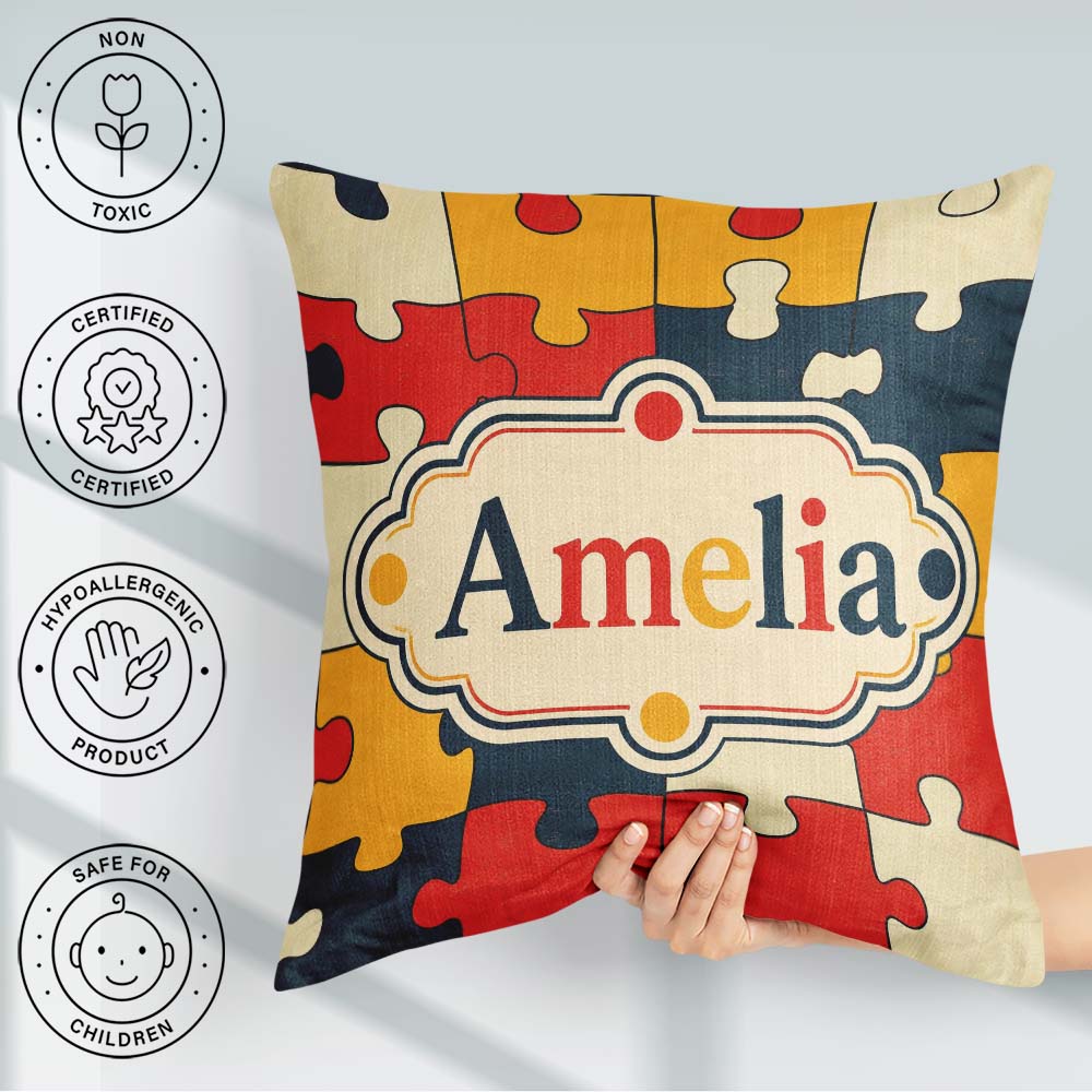 Custom Name Colorful Puzzle Pieces Interlocking Shapes Fun Style Square Filled Cushion Throw Pillow Sofa Bed Home Decor Zip Washable UK Made