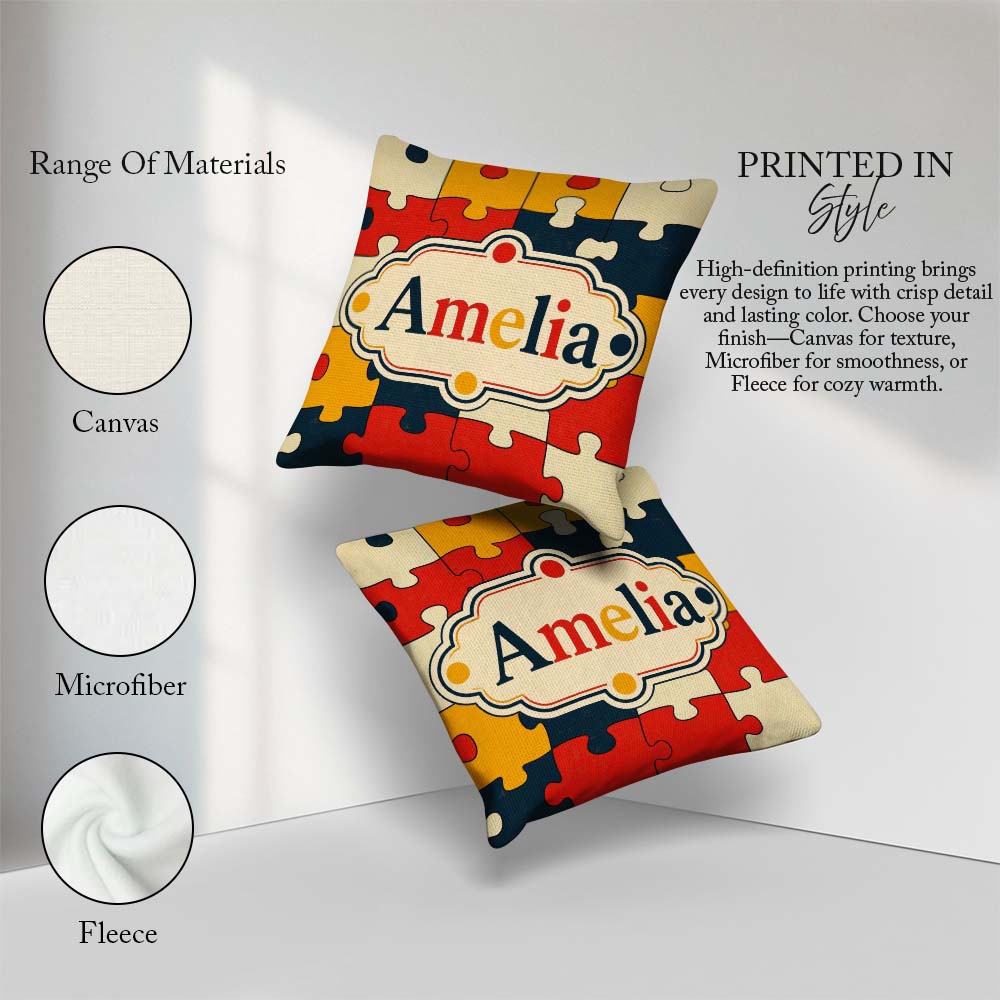 Custom Name Colorful Puzzle Pieces Interlocking Shapes Fun Style Square Filled Cushion Throw Pillow Sofa Bed Home Decor Zip Washable UK Made