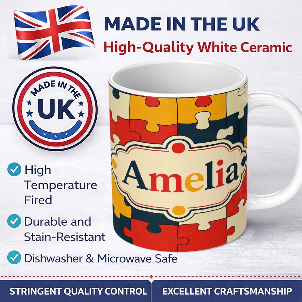Personalized Custom Name Colorful Puzzle Pieces Interlocking Shapes Fun Style Seamless 11oz Ceramic Coffee Tea Mug White Large Handle