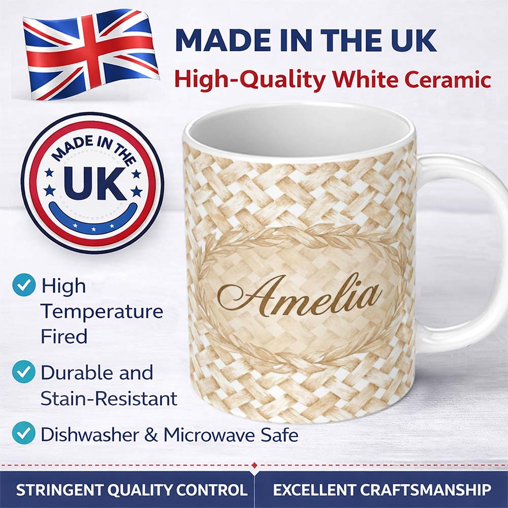 Personalized Custom Name Woven Basket Texture Natural Beige Seamless Pattern Cute Unique Gift 11oz Ceramic Coffee Tea Mug White Large Handle