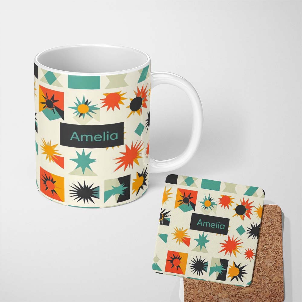 Personalized Custom Name Abstract Starburst Shapes Geometric Colorful Seamless Pattern Name 11oz Ceramic Coffee Tea Mug White Large Handle