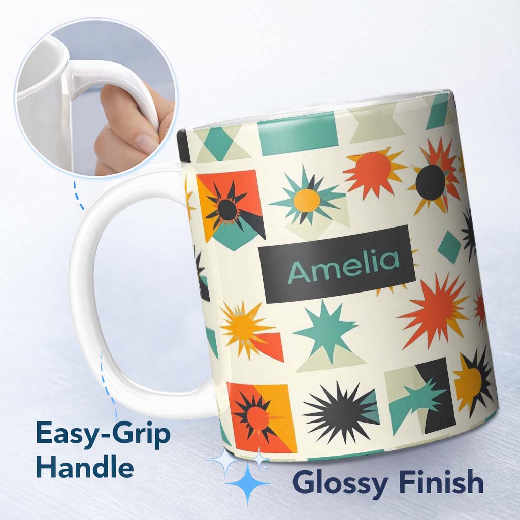Personalized Custom Name Abstract Starburst Shapes Geometric Colorful Seamless Pattern Name 11oz Ceramic Coffee Tea Mug White Large Handle
