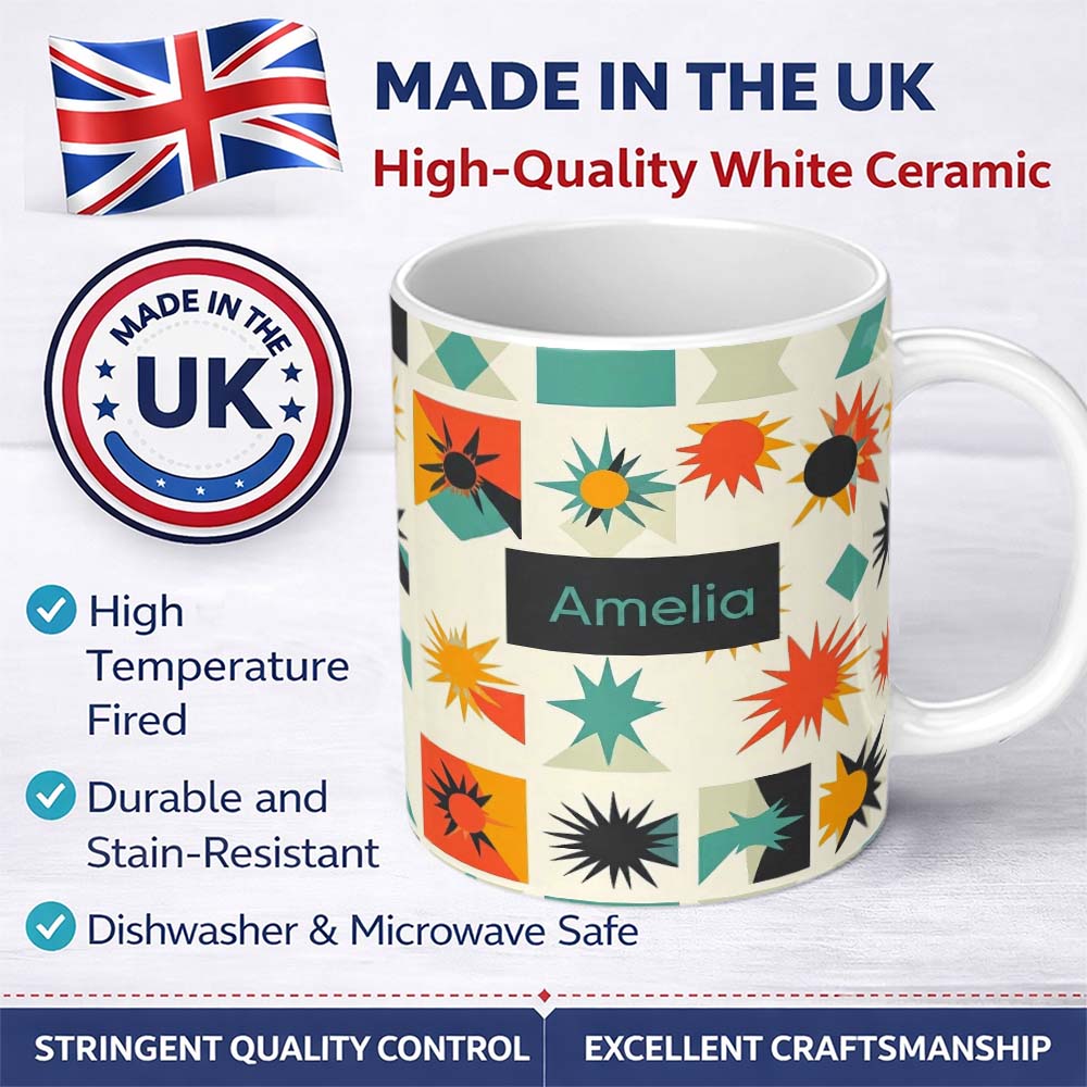Personalized Custom Name Abstract Starburst Shapes Geometric Colorful Seamless Pattern Name 11oz Ceramic Coffee Tea Mug White Large Handle