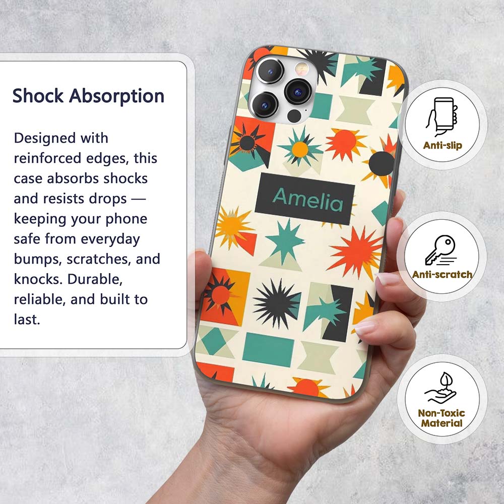 Abstract Starburst Shapes Geometric Colorful Custom Name Protective Phone Case Mobile Cover Durable Everyday Smartphone Shock Resistant