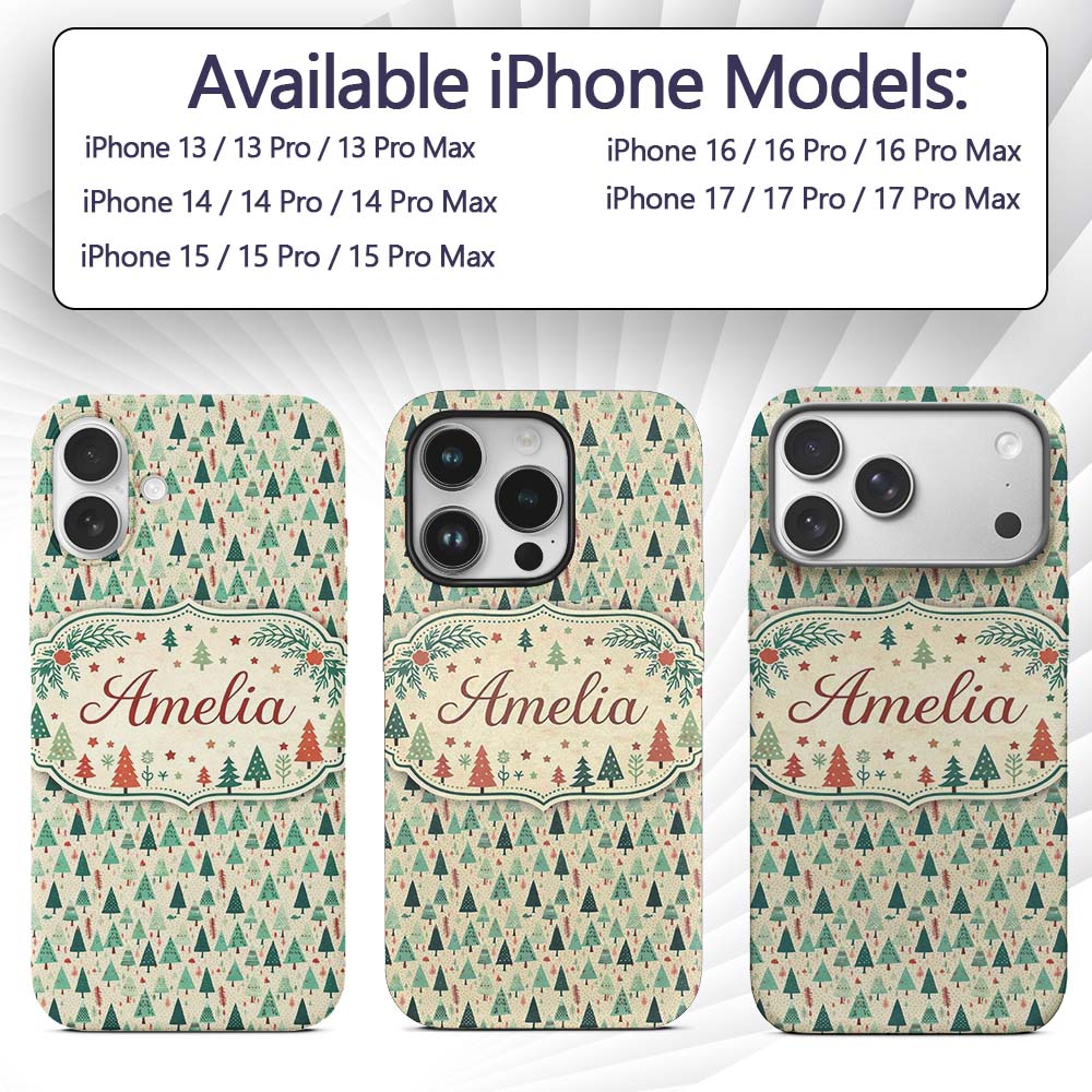 Dense Scandinavian Christmas Trees Green Seamless Custom Name Protective Phone Case Mobile Cover Durable Everyday Smartphone Shock Resistant
