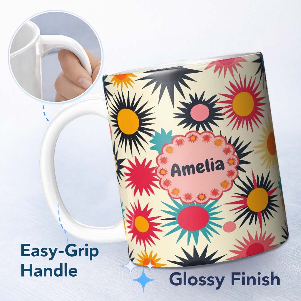 Personalized Custom Name Abstract Bold Sunburst Floral Shapes Mid Century Style Seamless 11oz Ceramic Coffee Tea Mug White Large Handle