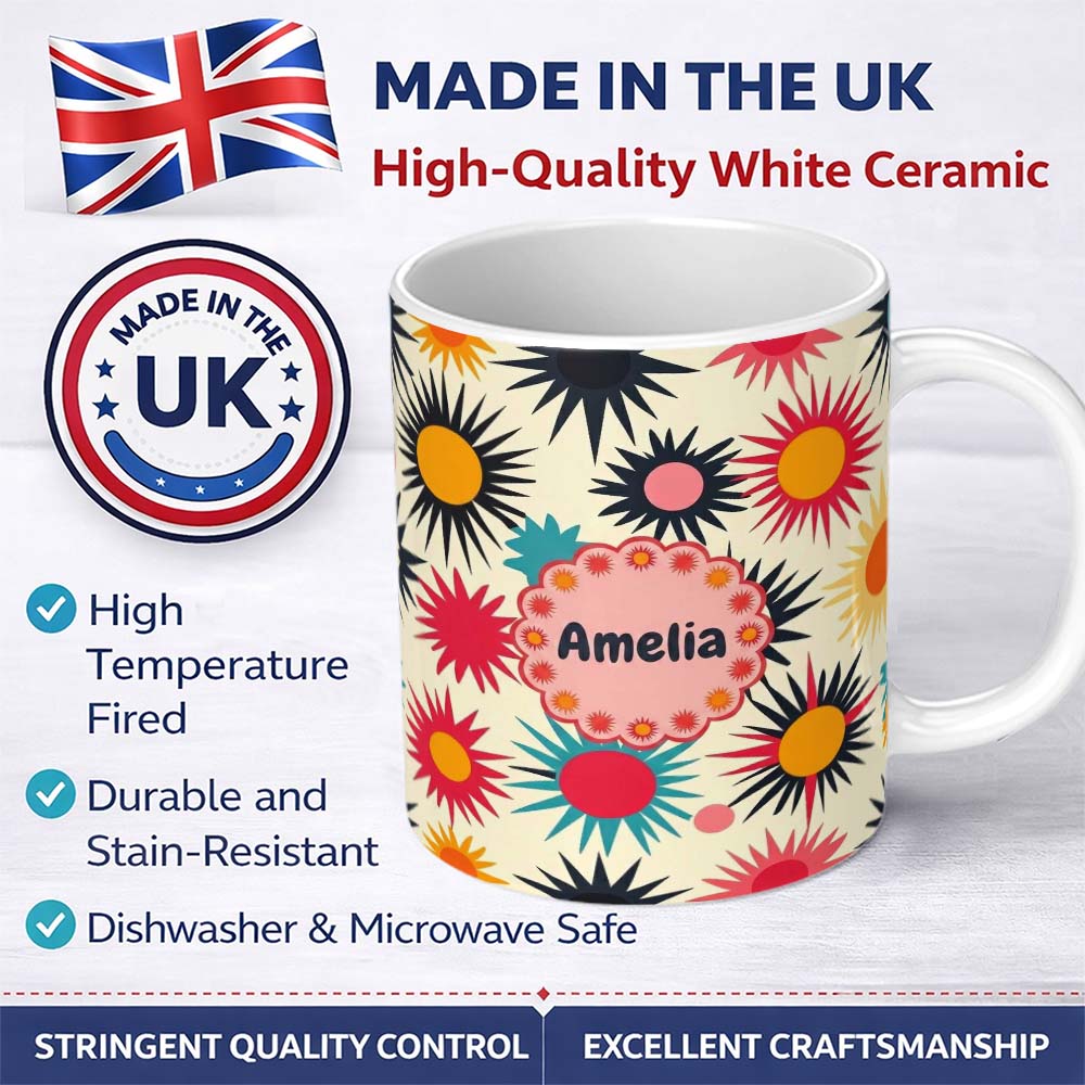 Personalized Custom Name Abstract Bold Sunburst Floral Shapes Mid Century Style Seamless 11oz Ceramic Coffee Tea Mug White Large Handle