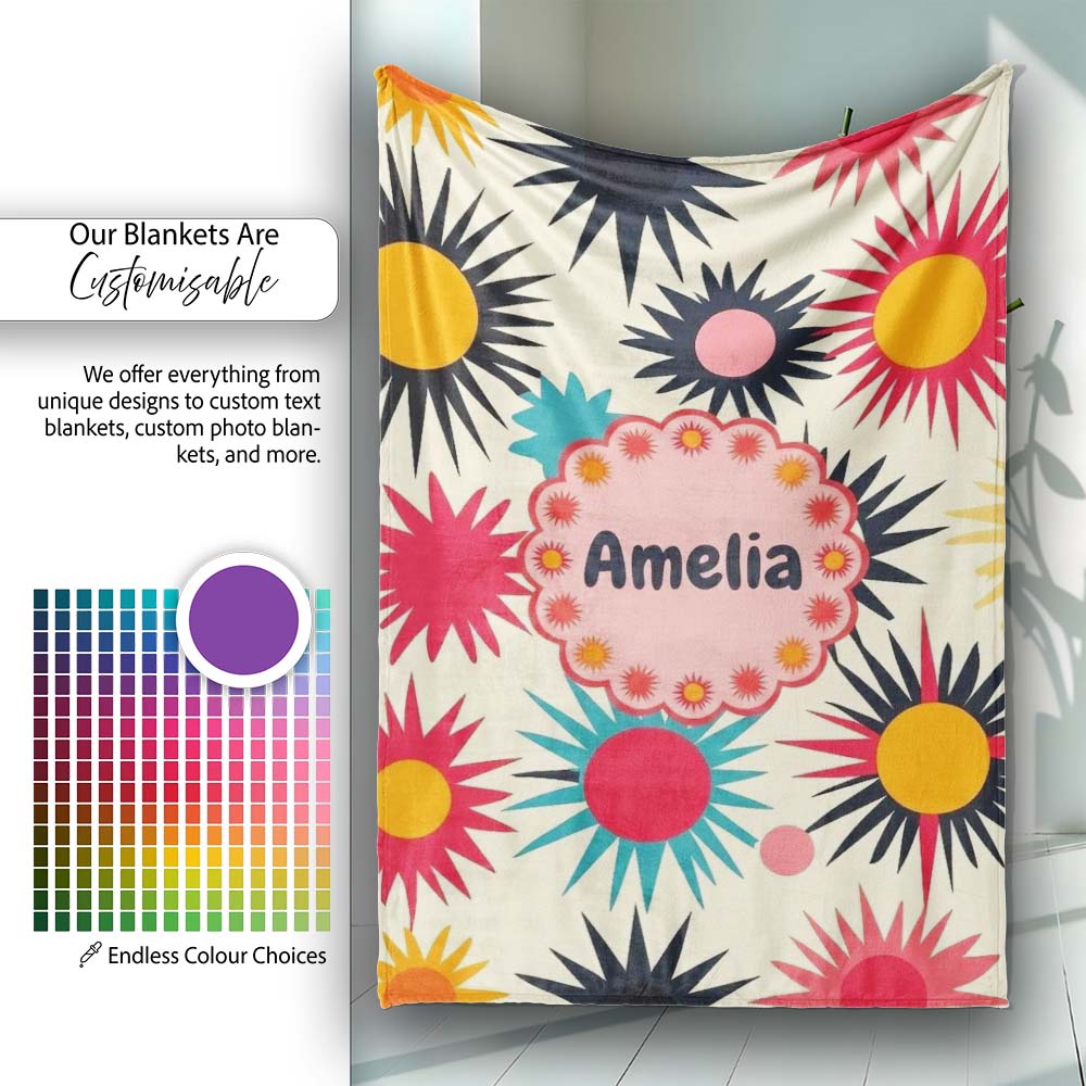 Abstract Bold Sunburst Floral Shapes Mid Century Style Seamless Personalised Custom Name Super Soft Fleece Blanket Bed Sofa Throw