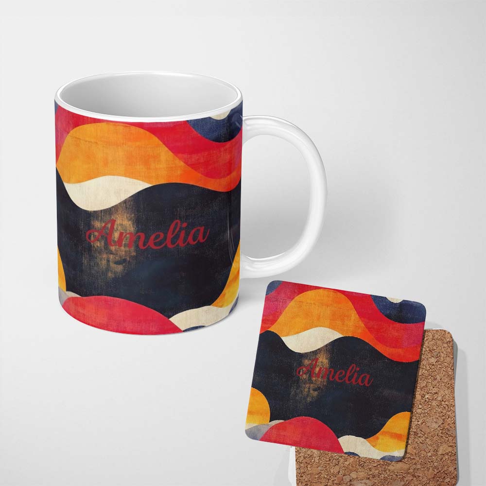 Personalized Custom Name Abstract Textured Wave Layers Warm Earth Tone Seamless Pattern Name 11oz Ceramic Coffee Tea Mug White Large Handle
